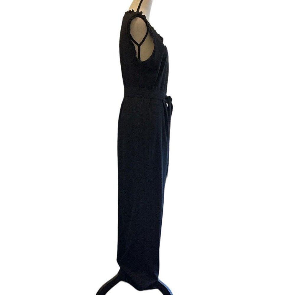 Emma & Michele Womens V Neck Ruffle Jumpsuit Size 10 Black Zipper Tie - Picture 14 of 16